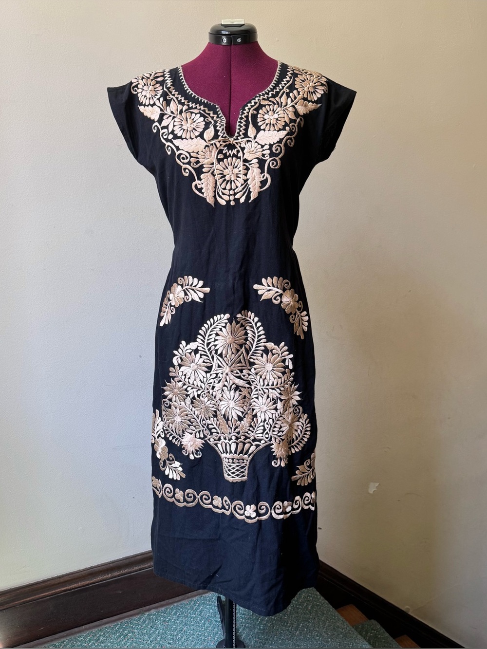 Soles Embroidered Black Cotton Midi Dress with Beige Champaign Floral Embroidery